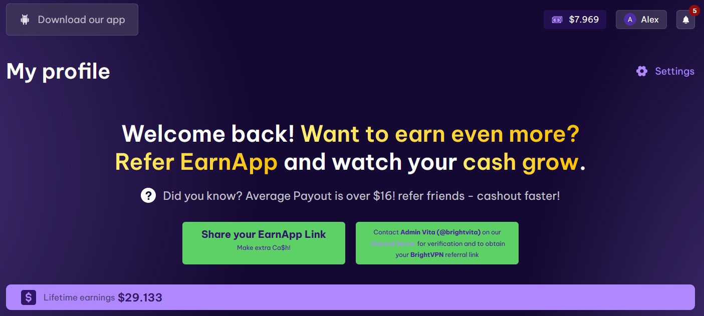Dashboard EarnApp con il saldo attuale di 7,97$ e il totale lifetime earnings di 29,13$