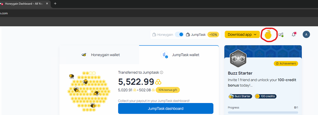 Dashboard Honeygain con il Lucky Pot (vasetto di miele) e il wallet JumpTask