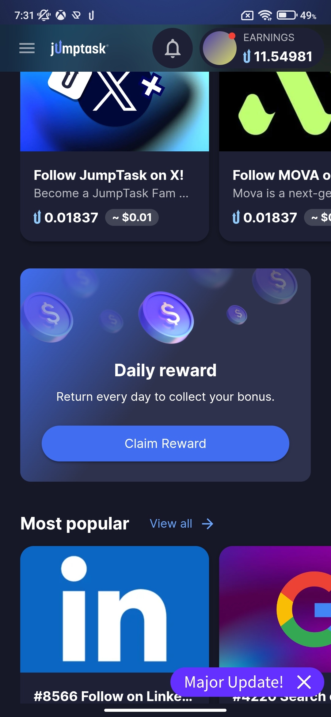 Daily Reward JumpTask sull'app Android