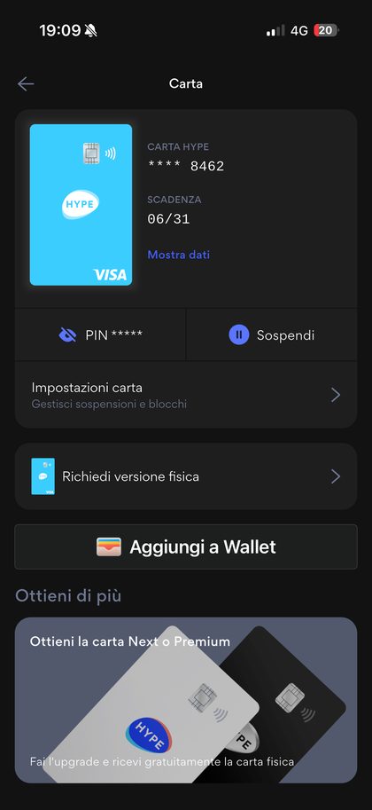Carta virtuale Hype nell'app