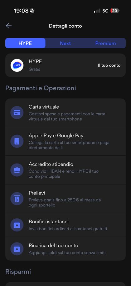 Confronto piani Hype, Next e Premium nell'app