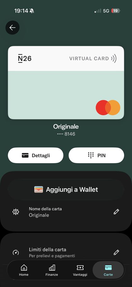 Carta virtuale N26 nell'app
