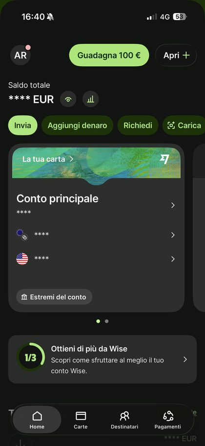 Conto multivaluta Wise con saldi nell'app