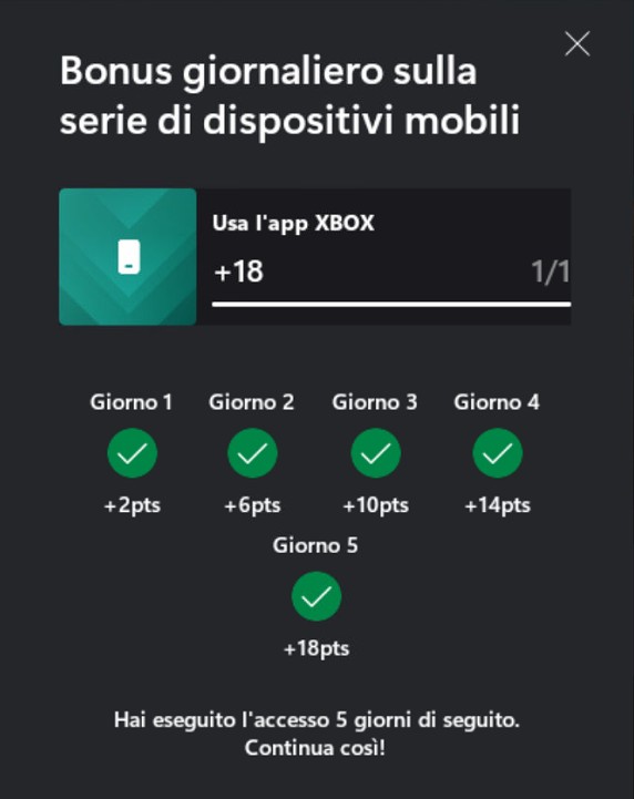 Bonus giornaliero app Xbox Microsoft Rewards, da 2 a 18 punti