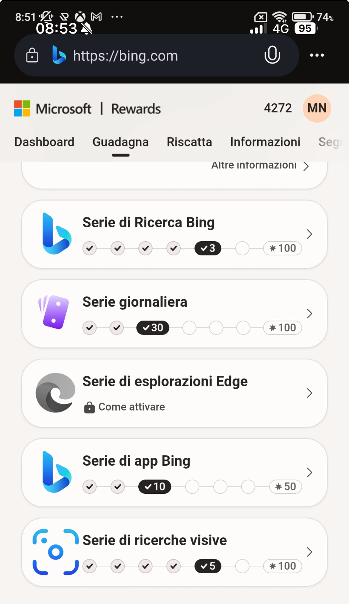 Tutte le serie a 7 giorni nell'app Bing Rewards