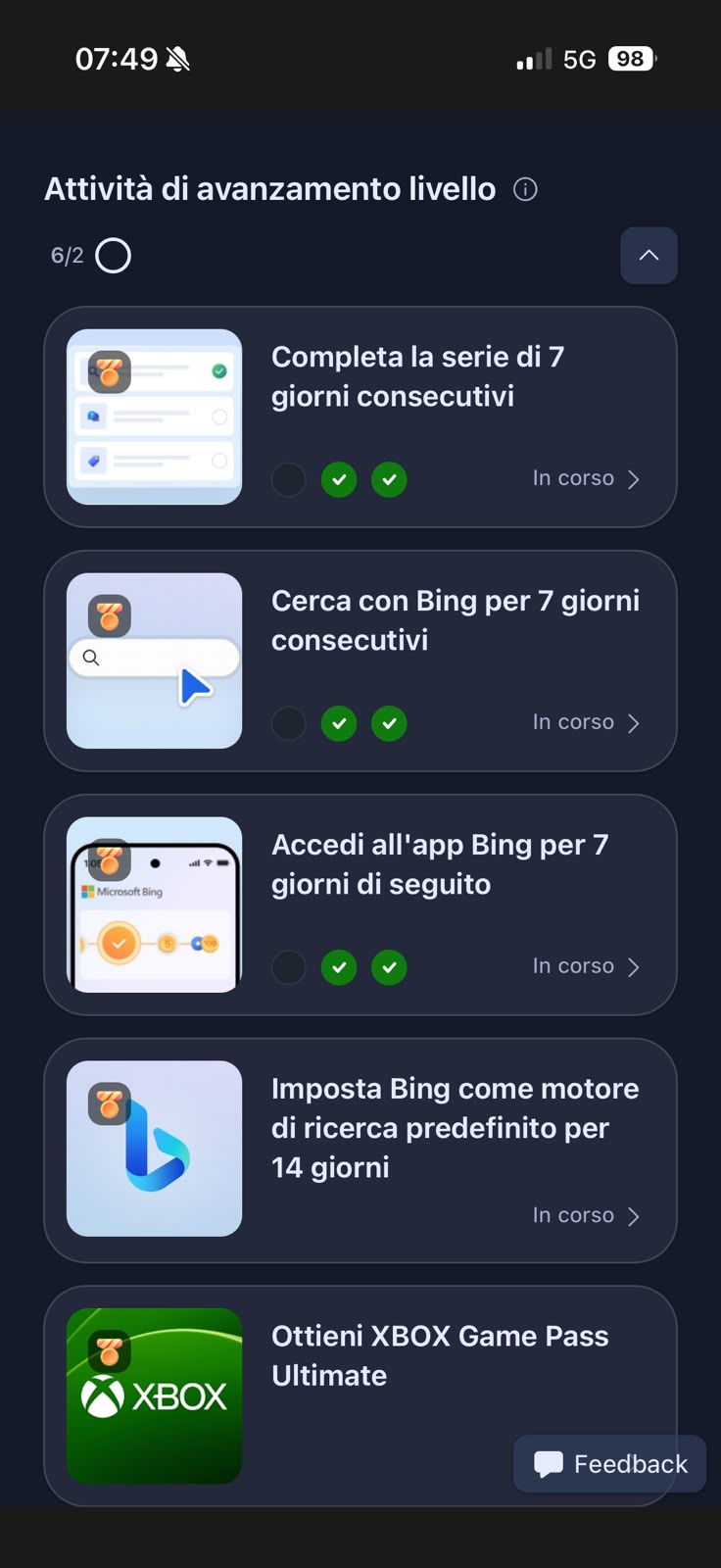 Attività di avanzamento livello nell'app Bing per sbloccare il livello Oro