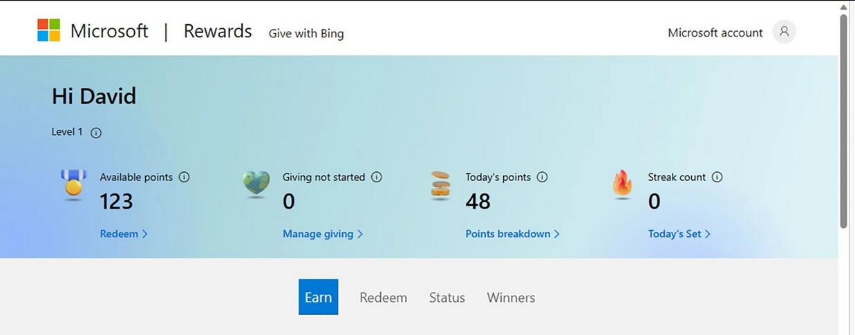 Dashboard Microsoft Rewards