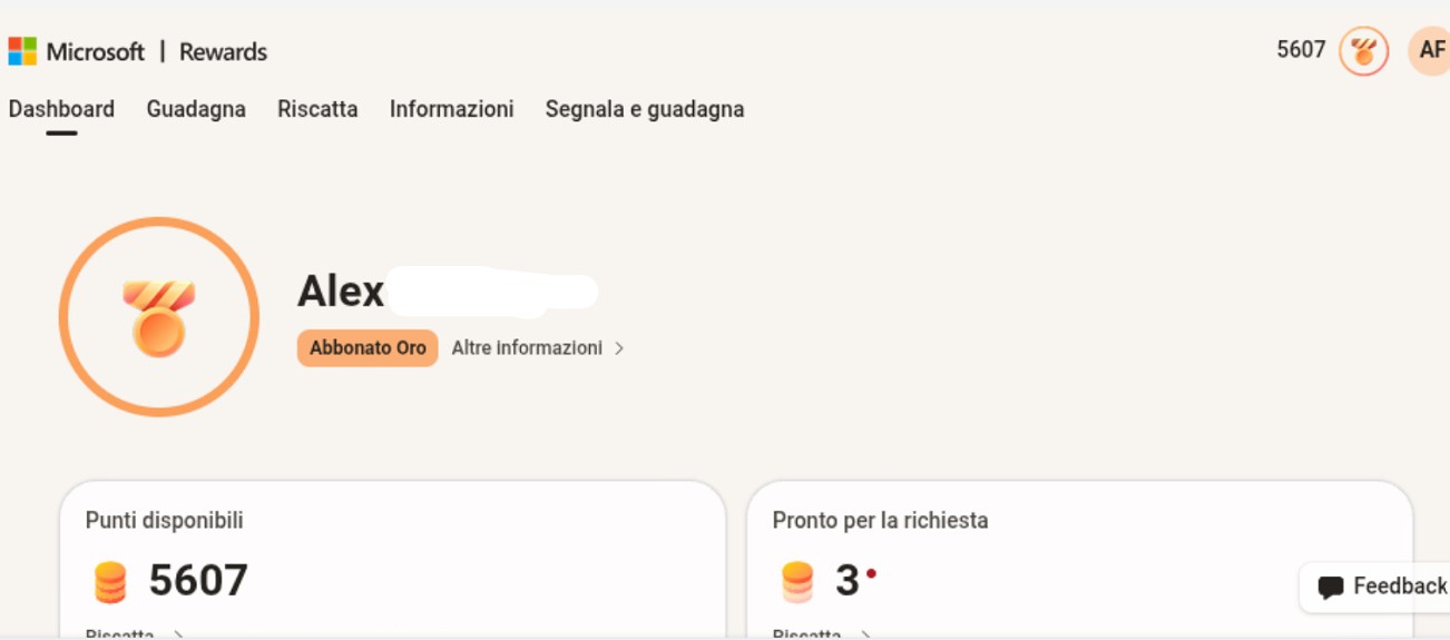 Dashboard Microsoft Rewards con livello Oro
