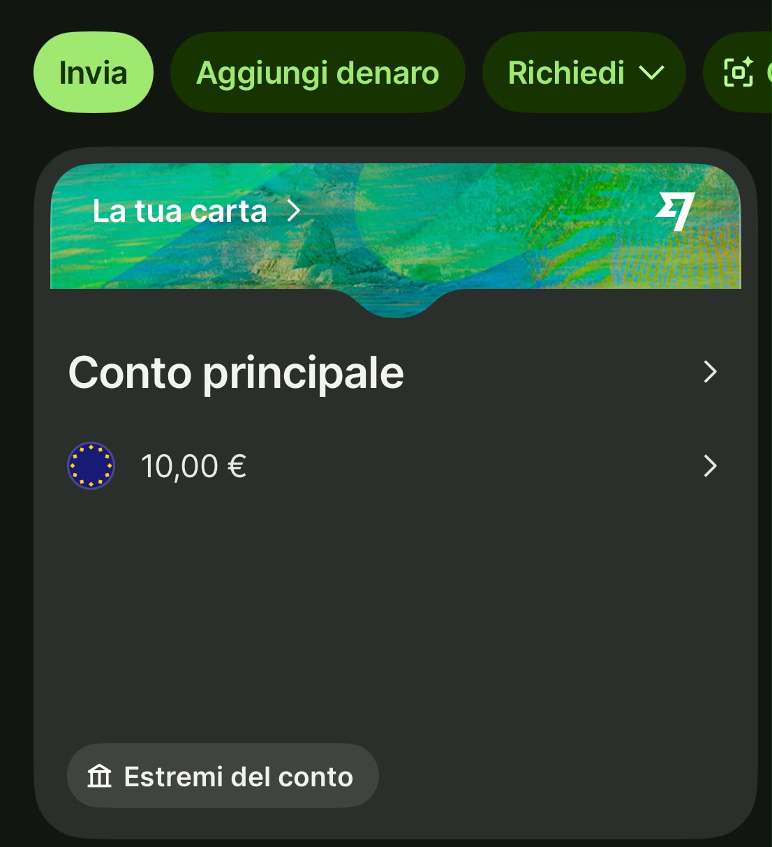 Dashboard dell'app Wise con conto principale e saldo