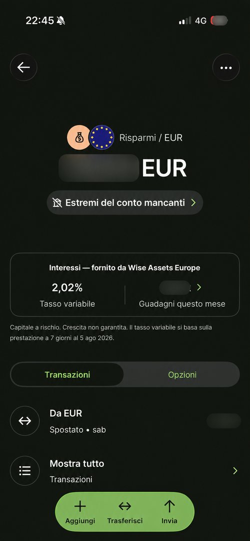 Schermata Interessi Wise con tasso variabile 2,02% sull'euro