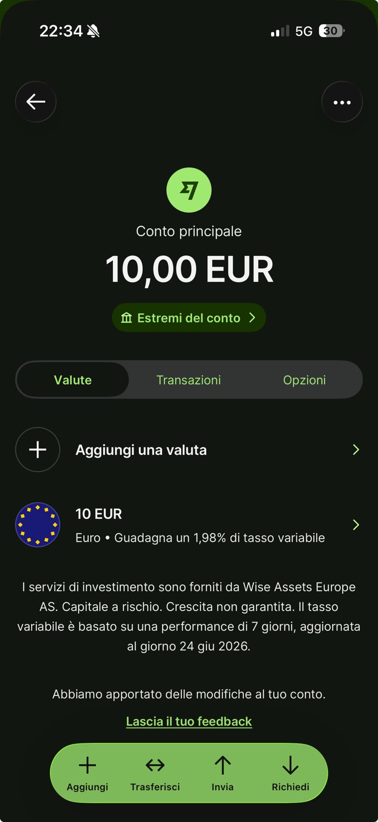 Schermata Interessi Wise con tasso variabile 1,98% sull'euro